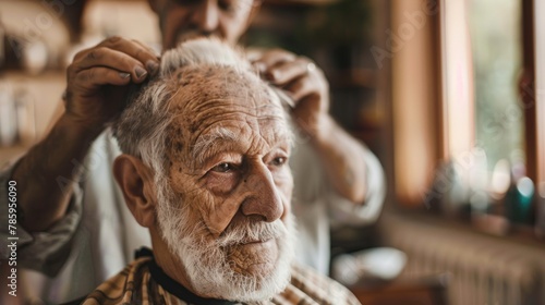 An elderly man receiving a haircut from his caregiver at home.