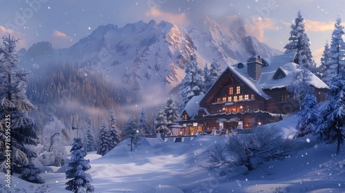 A cozy mountain lodge blanketed in snow, its chimney puffing smoke as friends gather around a crackling fire for holiday merriment. 8k, realistic, full ultra HD, high resolution, and cinematic