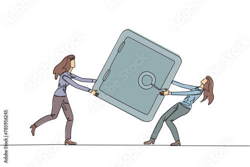 Single continuous line drawing two businesswoman fighting over safe deposit box. Fight for safe place to store important data. Businesswoman conflict. Competition. One line design vector illustration