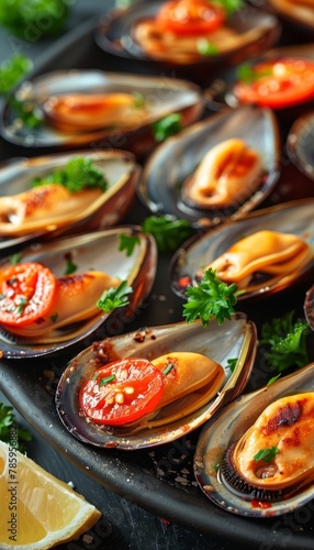 Traditional mediterranean grilled mussels elegantly served on refined black plate