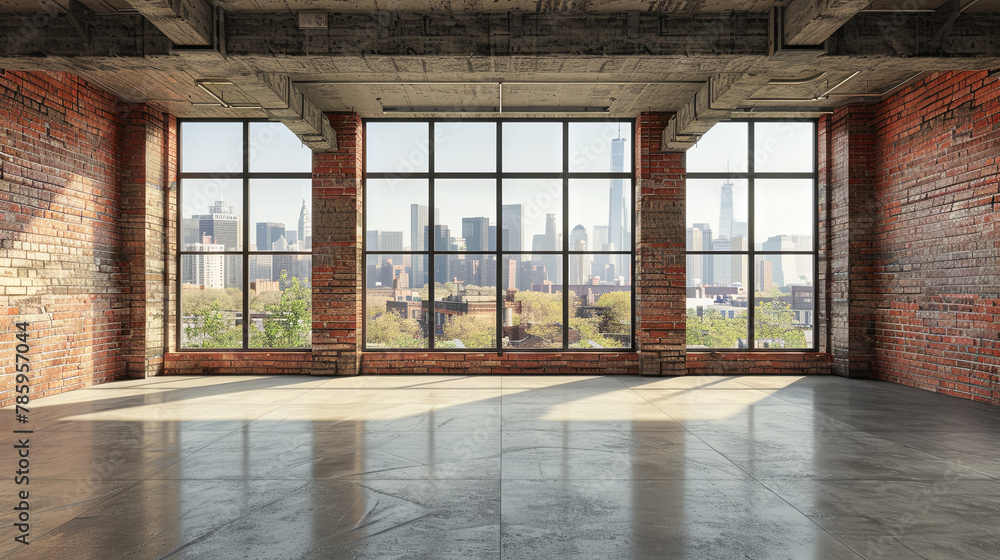 Obraz premium empty red brick interior with large window