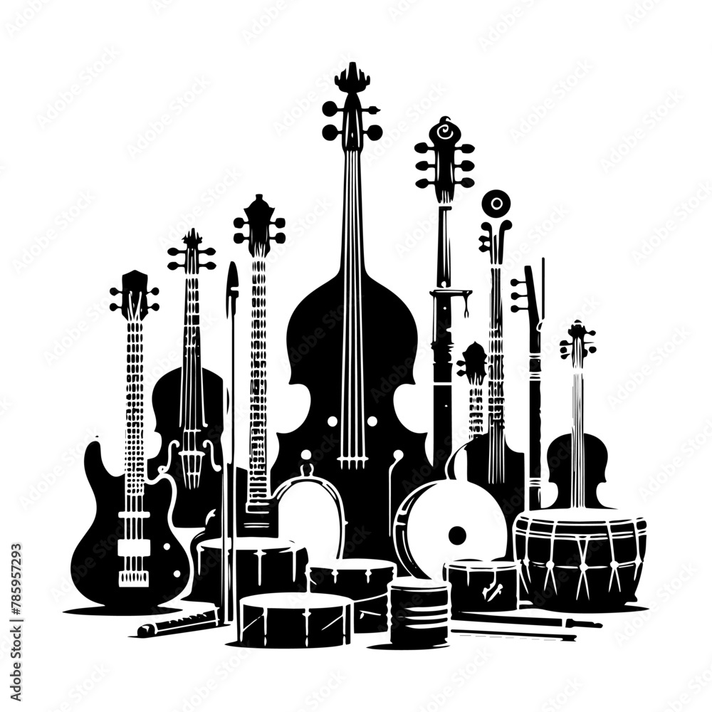 Fototapeta premium Melodic Shadows: Black Vector Silhouette of Musical Instruments, Evoking Harmonious Rhythms and Timeless Melodies- Black Musical Instrument vector stock.
