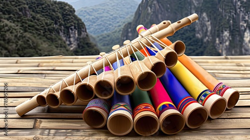 traditional Wooden Pan Flute or panpipe, Musical Wind Instruments Generative AI photo