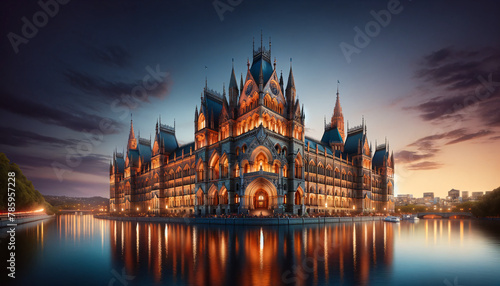 A grand gothic revival architecture style parliament building, elaborately lit up against the dusk sky
