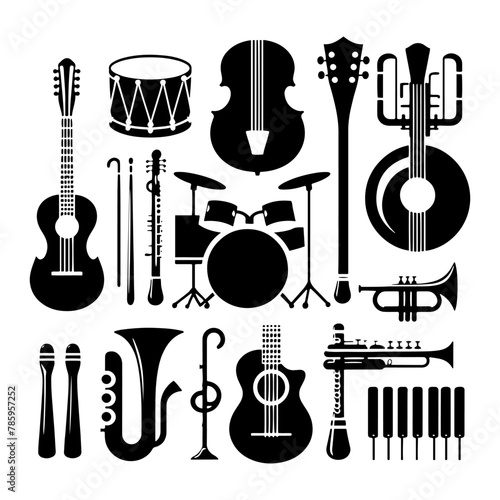 Melodic Shadows: Black Vector Silhouette of Musical Instruments, Evoking Harmonious Rhythms and Timeless Melodies- Black Musical Instrument vector stock.