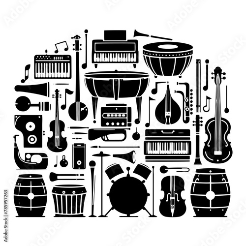 Melodic Shadows: Black Vector Silhouette of Musical Instruments, Evoking Harmonious Rhythms and Timeless Melodies- Black Musical Instrument vector stock.