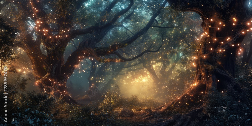 Obraz premium An ethereal twilight scene in a mystical forest, with trees adorned by warm glowing lights and a carpet of blue flowers under a starry sky. Resplendent.