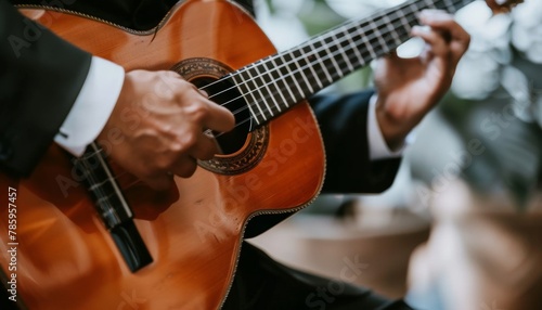 Senior man in formal attire playing acoustic guitar classic live music performance