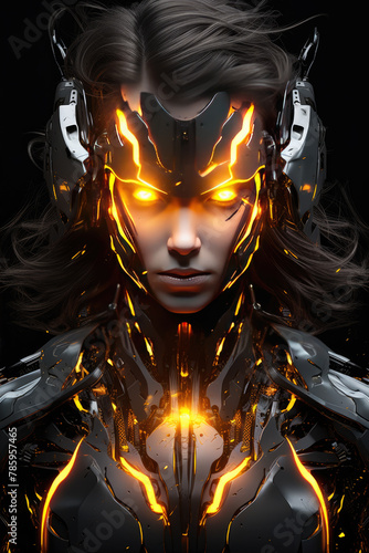 Beautiful woman cybork or robot with fash yellow lights on armor. photo