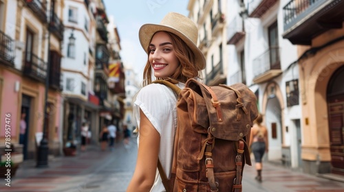 Solo traveler exploring old town streets of spain young backpacker tourist on vacation adventure