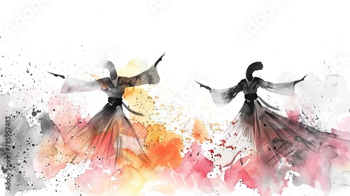 Whirling dervishes, traditional sufi festive Mevlana Rumi in Konya, Turkey. Black white illustration Generative AI	