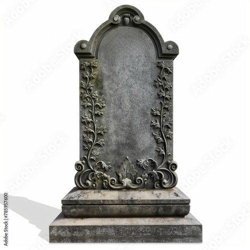 Antique empty gravestone with ornate floral design isolated on white, symbolizing memory, loss, and history.
