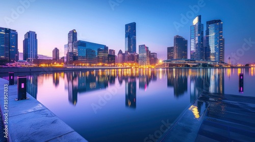 A skyline view of skyscrapers along a waterfront  reflecting in the calm waters below.