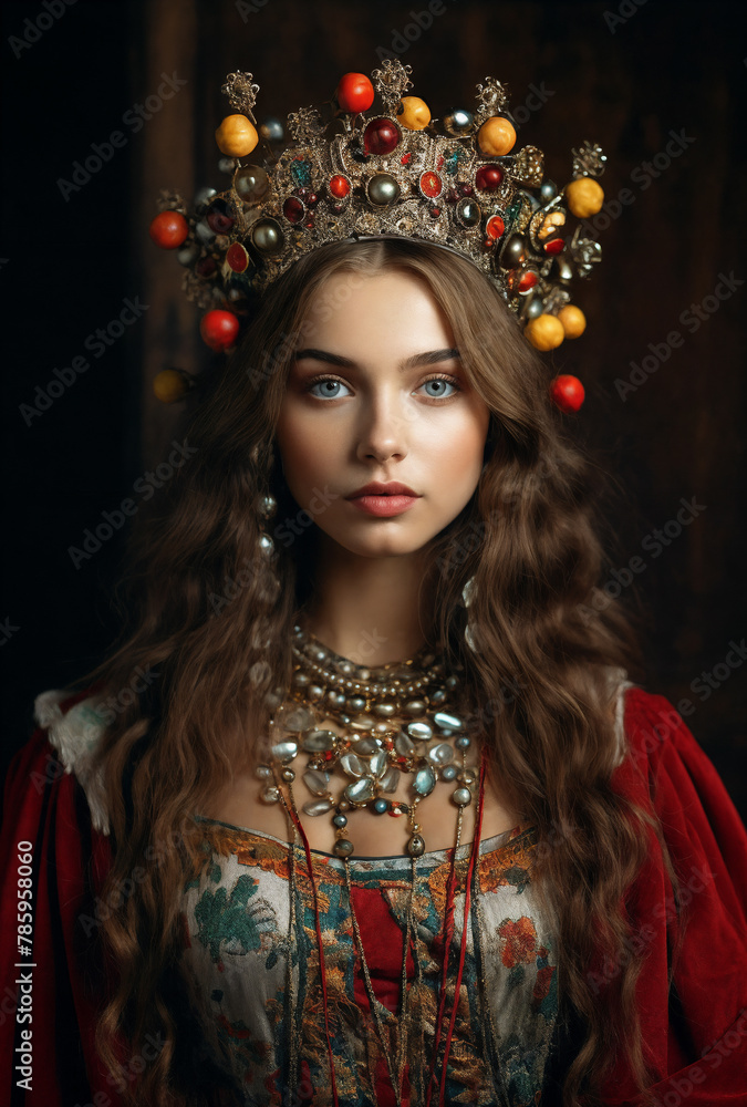 a woman wearing a crown and a necklace with beads on it's head and a red dress with a red cape
