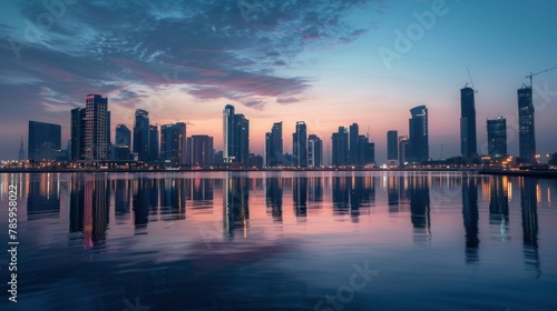 A skyline view of skyscrapers along a waterfront, reflecting in the calm waters below.