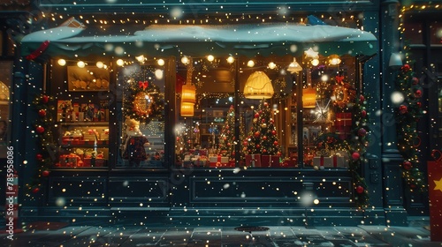 A charming storefront window decorated with festive displays, drawing passersby into the holiday spirit with its twinkling lights and cheerful scenes photo