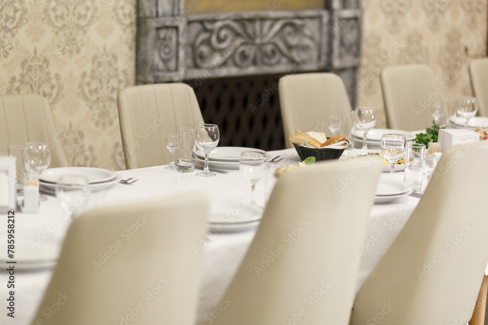 Banquet hall, set table, beautiful dishes and food Banquet hall, set table, beautiful dishes and food