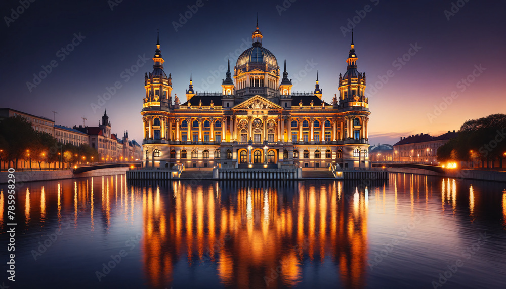Fototapeta premium An elaborate historical building illuminated with warm golden lighting, reflected in the tranquil waters of a river during twilight