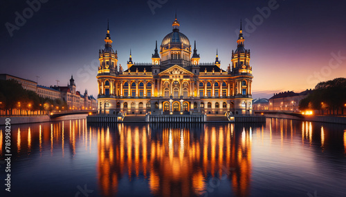 An elaborate historical building illuminated with warm golden lighting, reflected in the tranquil waters of a river during twilight