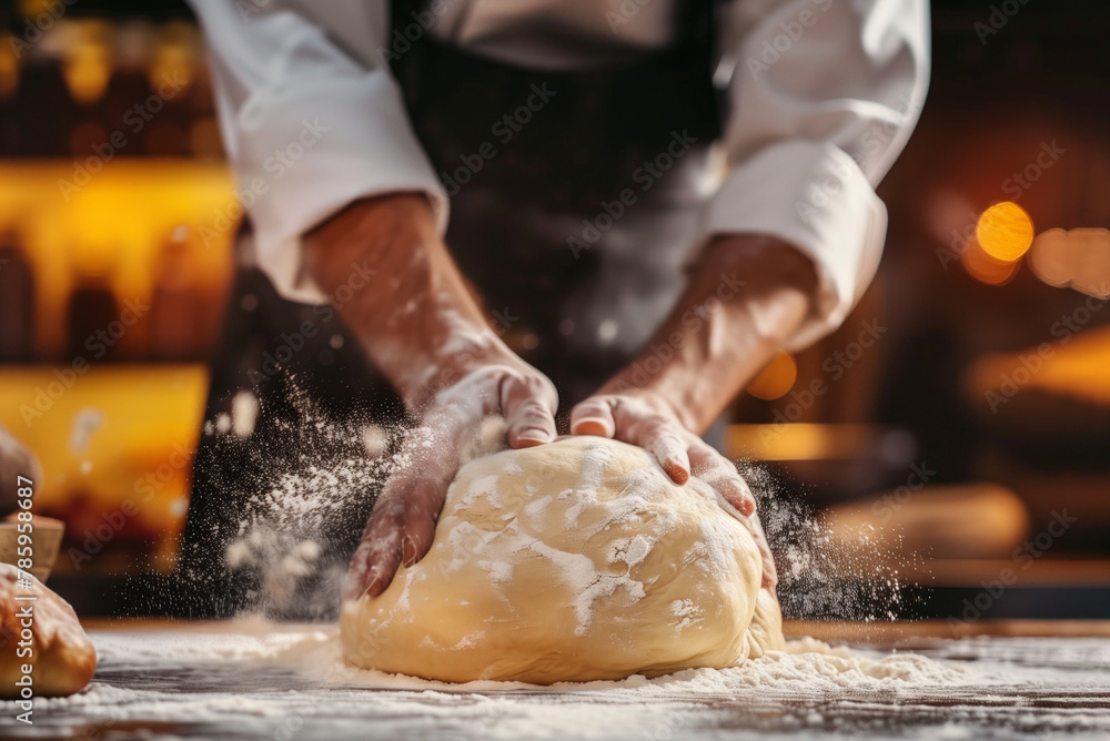 A baker is making a dough with flour. The dough is being rolled out on a table. A baker kneads the dough on a floured surface, preparing it for baking fresh bread. Concentration on the hands and dough