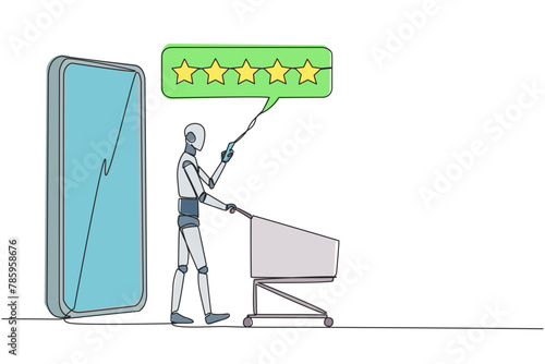 Continuous one line drawing robot walked out of large smartphone while pushing a shopping trolley. Five stars rating review. E commerce. Review to seller. AI tech. Single line draw vector illustration