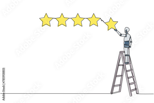 Single continuous line drawing robotic artificial intelligence climbs ladder carry 1 star, making it 5 stars in a row. Give very good recommendation to the seller. One line design vector illustration