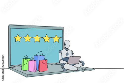 Single one line drawing happy robotic sitting on giant laptop typing on laptop. Bought a lot from online shop. Give a review of 5 stars. Ecommerce. AI tech. Continuous line design graphic illustration