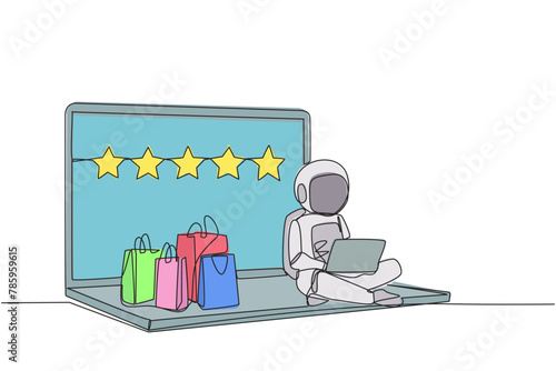 Single continuous line drawing happy astronaut sitting on giant laptop typing on laptop. Bought a lot from online shop. Give a review of 5 stars. Ecommerce. Cosmic. One line design vector illustration