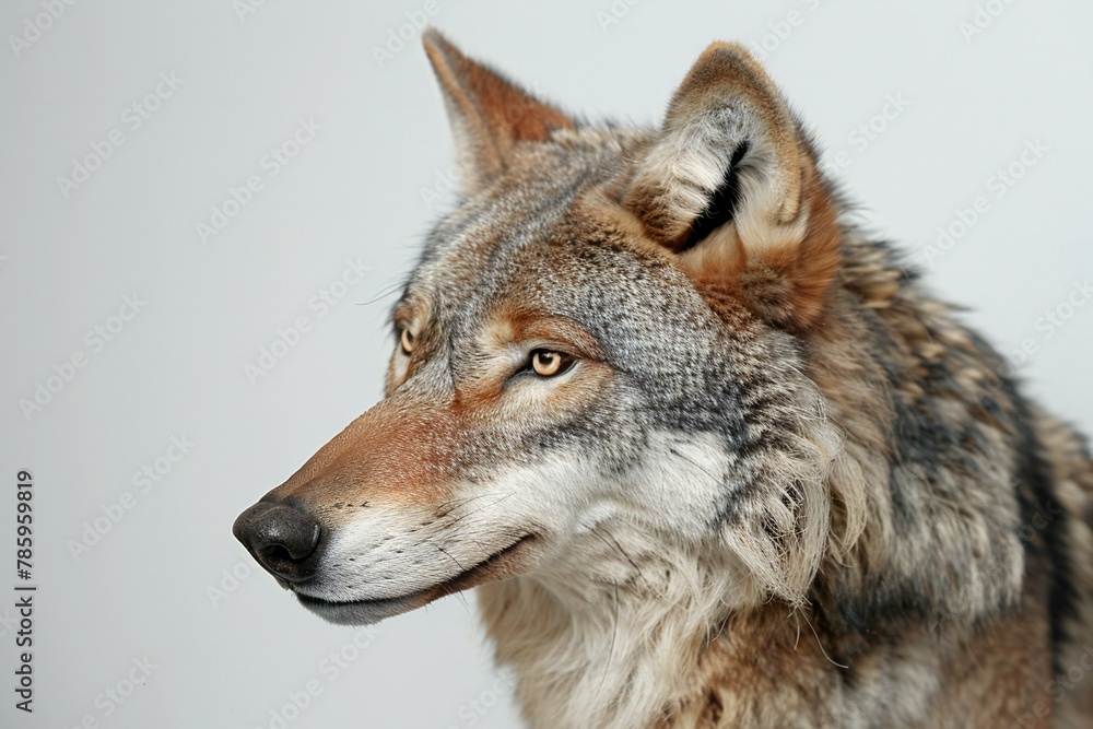 Portrait of a gray wolf in the studio on a gray background