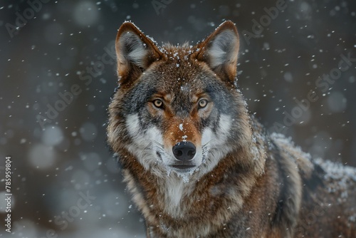 Wolf in the forest during a snowfall, Wild animal portrait