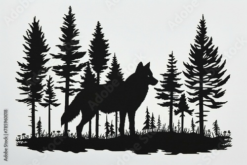 Silhouette of a wolf in the forest, Hand drawn illustration