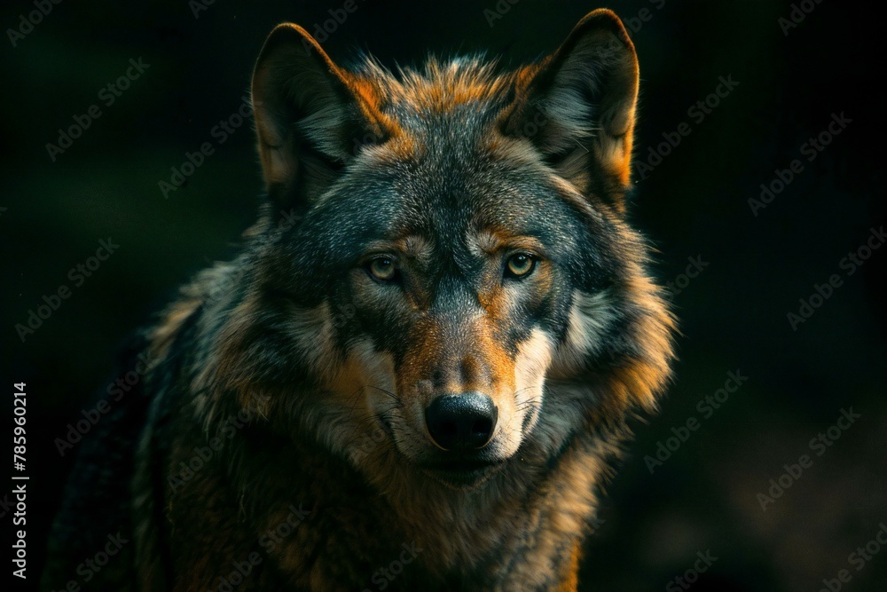 Portrait of a wolf in the dark forest,  Wild animal in nature
