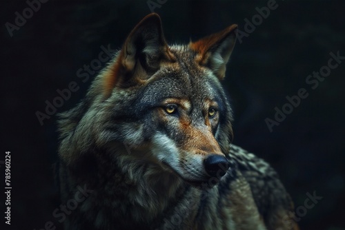 Portrait of a wolf in the dark forest, Wildlife scene
