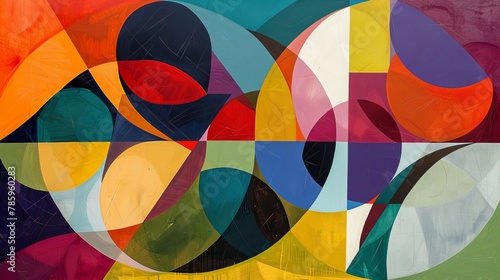 Layered geometric abstraction, circles and triangles merge in a visually stimulating blend of colors and shapes