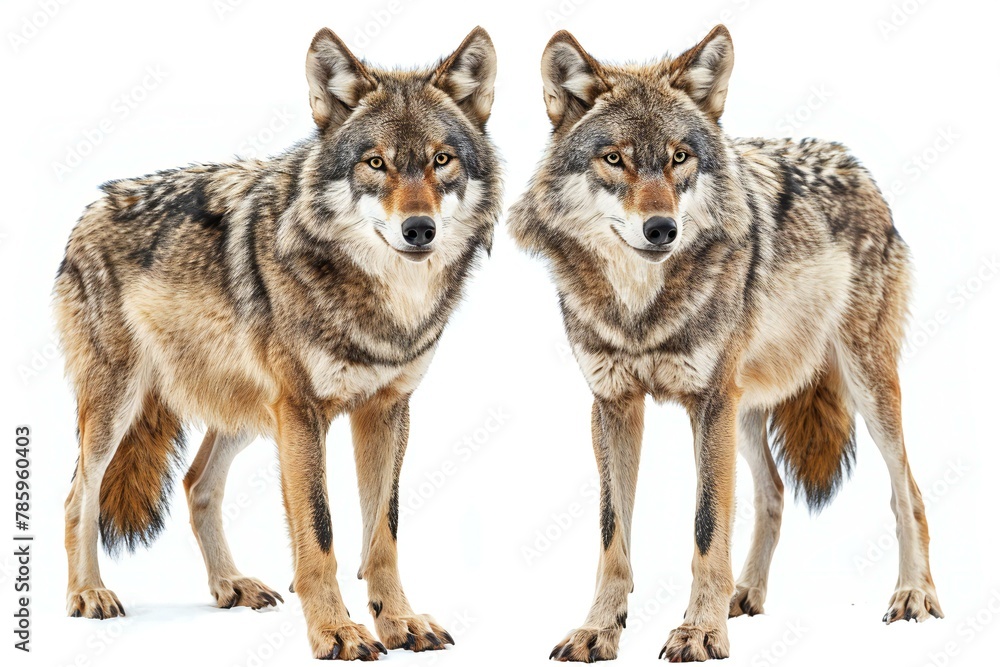 Two wolves standing in front of a white background,  Looking at the camera