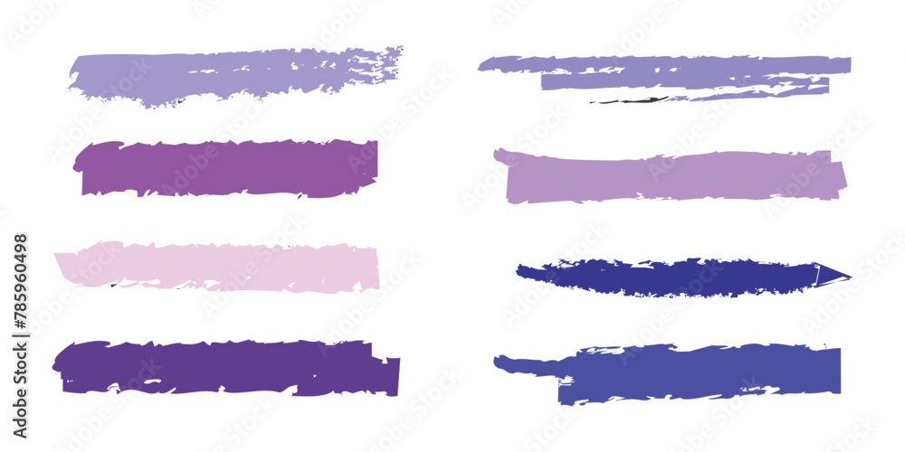  Purple crayon brush stroke red underline. Chalk pen highlight stroke. Vector hand drawn brush underline element set for accent, crayon texture emphasis element with white artboard,