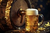 Glass of beer on the background of a barrel with golden bokeh