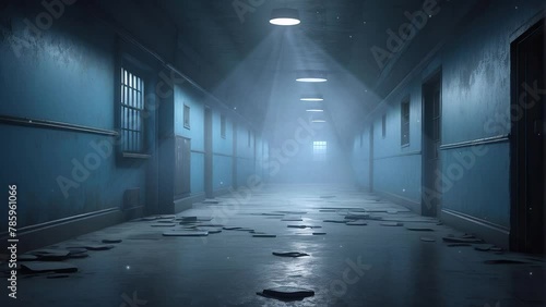 Explore the eerie corridors of a deserted prison cell at night in this haunting 4K looping video, where the faint echoes of distant footsteps send shivers down your spine photo