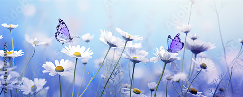 Chamomile meadow with wild flowers and sunlight