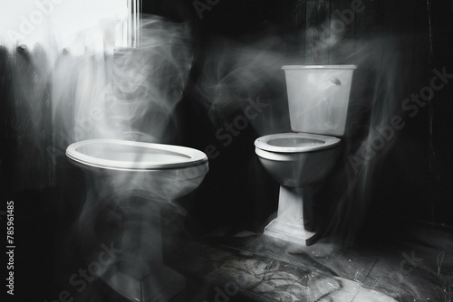 Toilet bowl in black and white tone with smoke in the bathroom