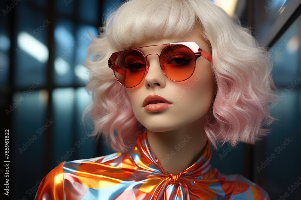 Stylish Woman with Pink Hair and Sunglasses Posing Elegantly Stylish Woman with Pink Hair and Sunglasses Posing Elegantly