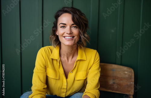 With an irresistibly joyous smile, this woman in casual yellow wear brings a burst of cheer to the simplistic yet stylish green wooden backdrop. photo