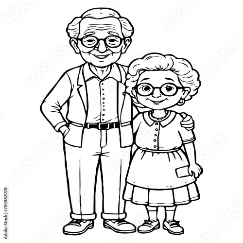 Grandma and Grandpa . Fictional Characters. Black and White Cartoon. Design for greeting cards. Generated by Ai