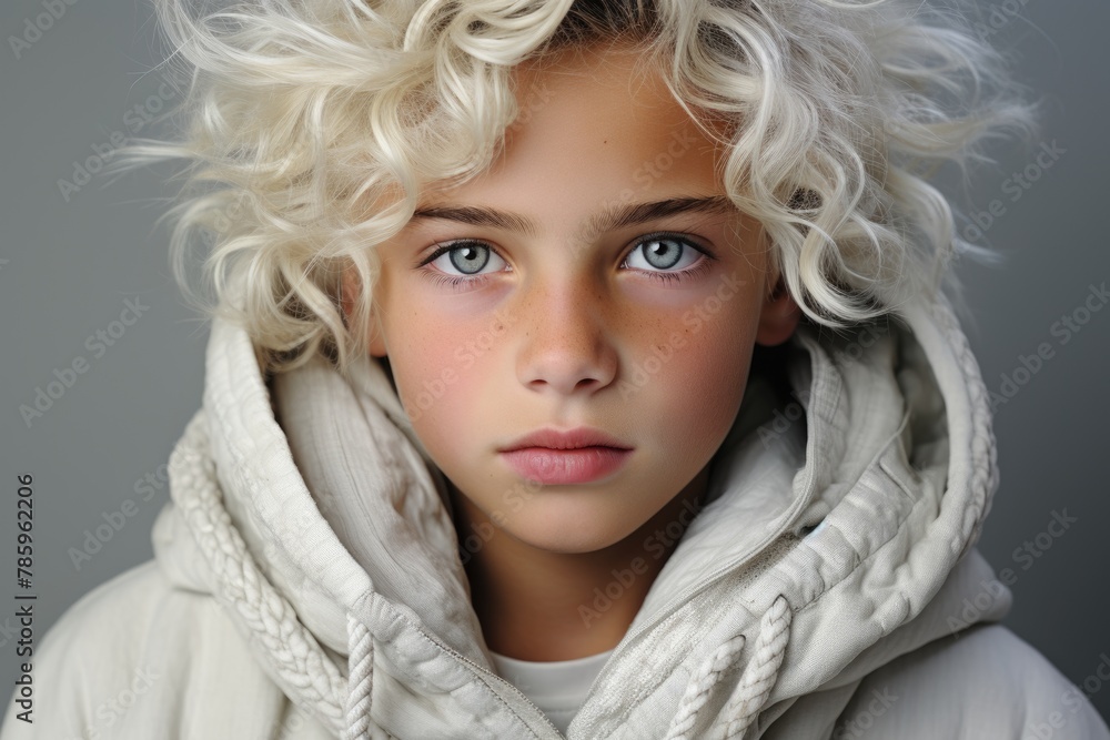 Portrait of a young man with tousled blond hair and blue eyes wearing a white hooded jacket. Portrait of a young man with tousled blond hair and blue eyes wearing a white hooded jacket.