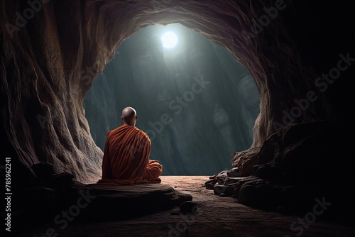 Buddhist monk in a cave at night, rendering