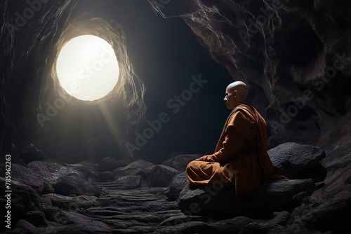Buddhist monk sitting in a cave and looking at the sun photo