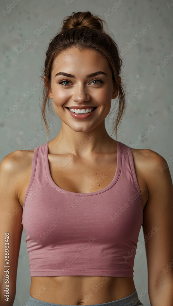 Stunning healthy and fit young woman wearing gym clothes is smiling towards the camera on a clean background
