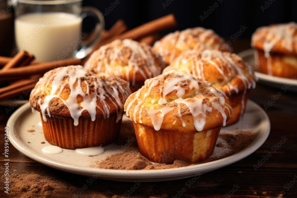 Glazed Cinnamon Muffins on Wooden Tray Glazed Cinnamon Muffins on Wooden Tray