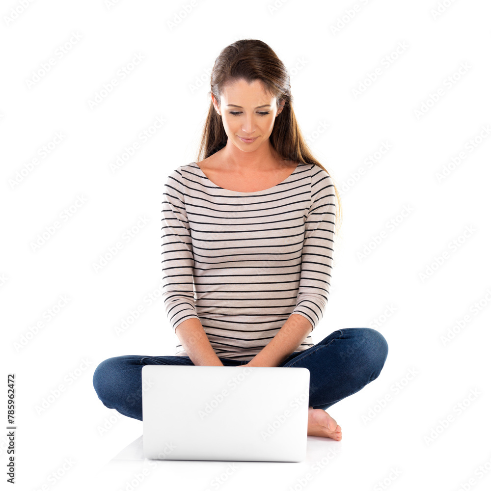 Laptop, search and woman in studio with streaming, service or sign up subscription on white background. Pc, reading and model with social media, newsletter or watching online video, movie or show Laptop, search and woman in studio with streaming, service or sign up subscription on white background. Pc, reading and model with social media, newsletter or watching online video, movie or show