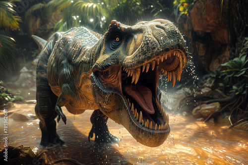 Tyrannosaurus rex dinosaur roaring amidst the rain and prehistoric rainforest © stockdevil